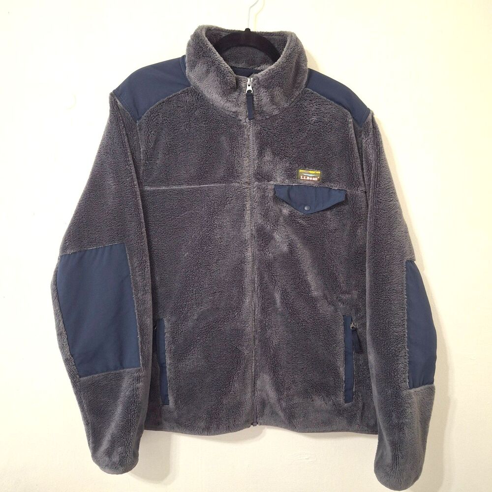 LL Bean Hi-Pile Fleece Mens Jacket Gray/Blue Full Zip Katahdin Snap Pocket Large